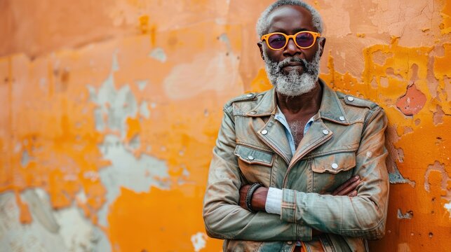 Senior black man with beard dressed in hipster clothes, elderly people in multicolored glasses, standing outdoor on city street, AI generated image
