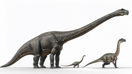 Three dinosaurs are standing in a row, with the tallest one being a large T-Rex