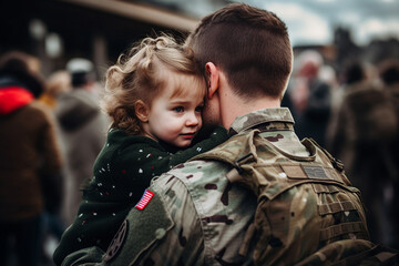Fototapeta premium AI generated image of happy soldier spending time with family hugging child
