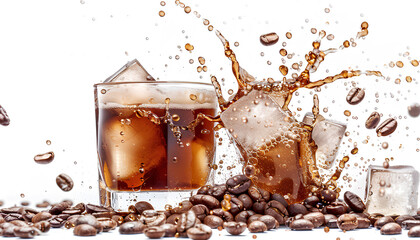 Coffee ice cubes, beans and splash of beverage on white background