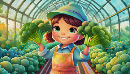 oil painting style CARTOON CHARACTER CUTE child Happy using broccoli as eyes, standing in a greenhouse