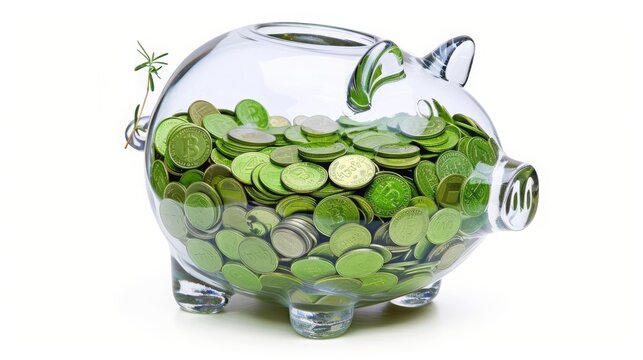 Transparent piggy bank half filled with green coins, white background, concept: Sustainability, sustainable investments, ESG, 16:9