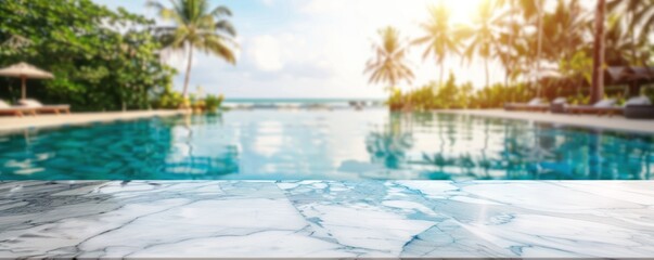 Empty white marble stone table top swimming pool in tropical resort in summer - can used for display or montage your products. banner for design