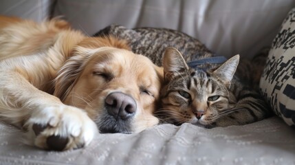 Fototapeta na wymiar Golden retriever and tabby cat lying together exemplifying interspecies friendship and comfort
