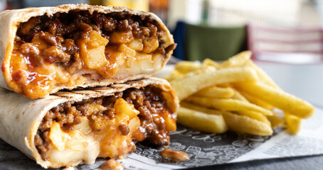 Panoramic view of a French taco style sandwich filled with meat and French fries