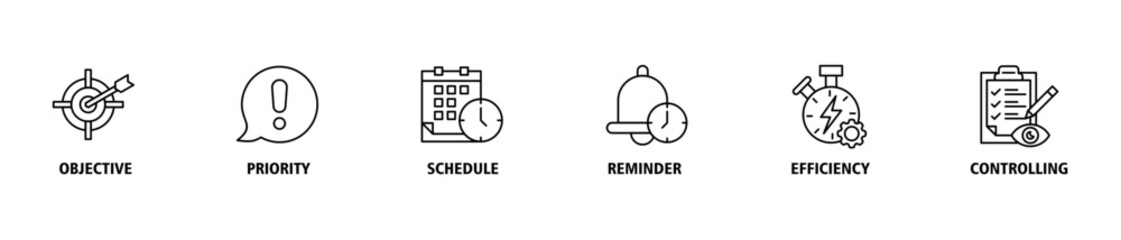 Time management banner web icon set vector illustration concept with icon of objective, priority, schedule, reminder, efficiency, alerts, and controlling