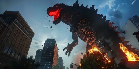 a japanese monster as dinosaur in videogame style destroy the cities