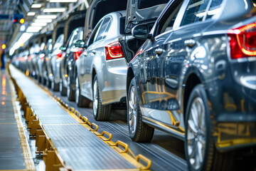 New cars moving on an automated assembly line in an industrial factory