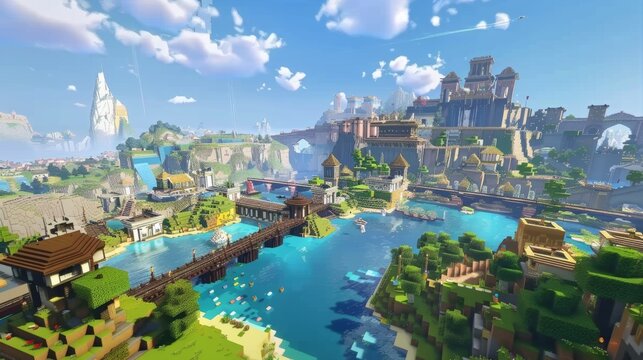 City scenario made in a videogame style. Smartphone game with blocks and robots for kids. Gamification and game design background