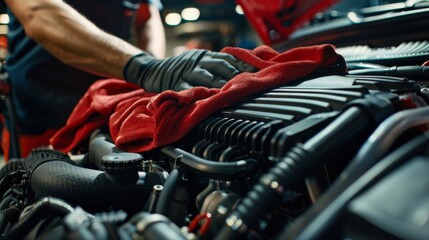 A mechanic in black gloves carefully wipes the engine of a car with a red rag.