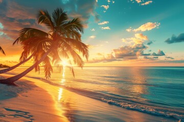 Sunset on the beach with palm trees and golden sand