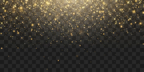Vector magical dust light, dusty shine. Flying particles of light. Christmas light effect. Sparkling particles of fairy dust glow in transparent background. Vector illustration isolated on png
