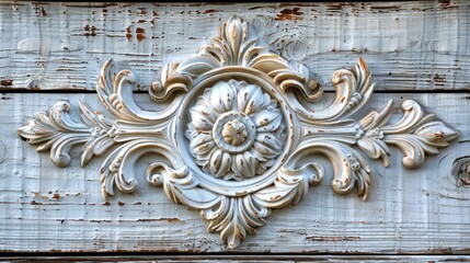 Abstract wooden carving background, white painted aged wood with monograms, neutral retro color palette and organic texture, AI generated