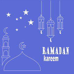 Fototapeta premium Ramadan Kareem poster design with mosque and lantern lamp monoline vector illustration for islam fasting festival event