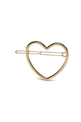Close-up shot of a women's metal heart-shaped barrette. Golden minimalist hair clip is isolated on a white background. Front view.