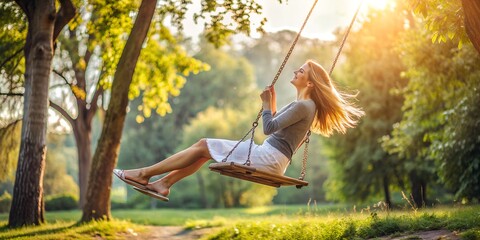 A woman swings on a swing in the summer, happy life, joy, summer joy, a woman in a skirt rides on a swing in the summer, the joy of life dawn sun rays