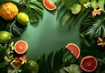 Summer tropical background with fruits, leaves, flowers casting light shadows.