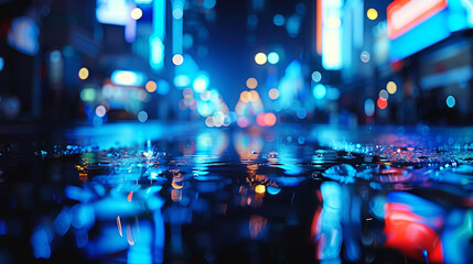 An electric blue and matte black abstract composition, where defocused lights look like neon signs reflecting off wet city streets. The atmosphere is vibrant and energetic.