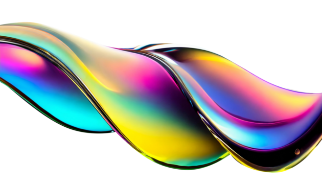 Abstract liquid glass shape with colorful reflections. Ribbon of curved water with glossy color wavy fluid motion. Chromatic dispersion flying and thin film spectral effect.