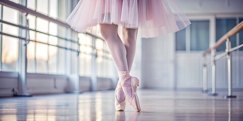 Ballerina stands in pink pointe shoes, graceful pose, in a pink tutu, woman ballerina dance,...