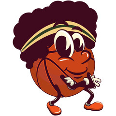 Basketball cartoon mascot with frizzy hair folding his arms calmly, illustration character vector clip art work of hand drawn