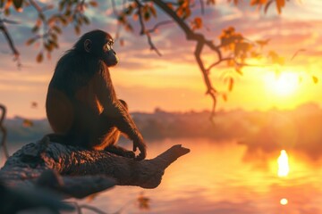 monkey sits on a tree branch looking at the sunset