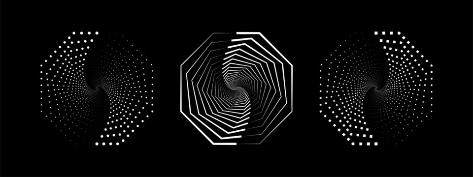 Set of speed lines in octagon form. Halftone dotted speed lines. Abstract geometric octagons with rotating radial lines. Design element for logo, prints, template or posters. Vector illustration