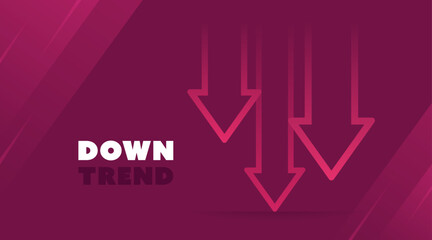 Down trend with linear arrows isolated on red background with glowing effect. Arrows falling down and thereby show the loss of assets. Stock exchange concept. Trader loss. Vector illustration