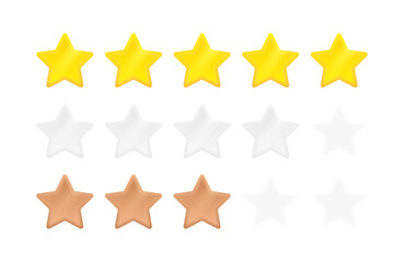 Stars label in 3d style with different level of grade. Five, four and three stars rating. Customer reviews rating about the product. Concept of feedback from the client to seller. Vector illustration
