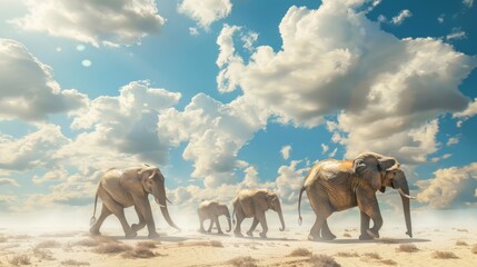 A family of elephants walking across the African savannah