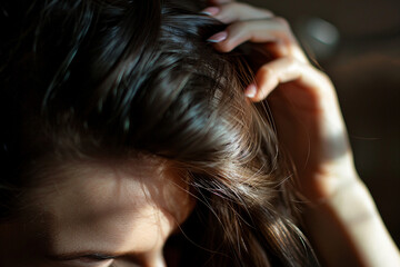 Close up image of woman touch hair head created with generative ai concept