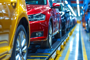 Fototapeta premium Line of red and yellow cars on the assembly line in a factory with bright lights
