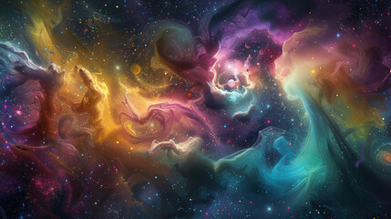 Cosmic ink in a dance of creation, where galaxies are born from swirling colors, a universe constantly in motion.