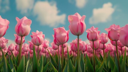 macro shot of a field of velvet pink tulips in Holland against the blue sky