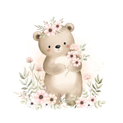 Watercolor Illustration Cute Bear and Flowers