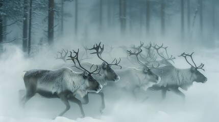A group of reindeer navigating in the snowfall