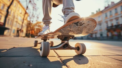 Skateboarder performing an ollie trick on an urban sidewalk with a focus on the skateboard and shoes

