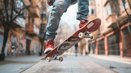 Skateboarder performing an ollie trick on an urban sidewalk with a focus on the skateboard and shoes
