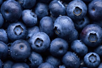 Fresh blueberries background with water drops. Top view. Close up.