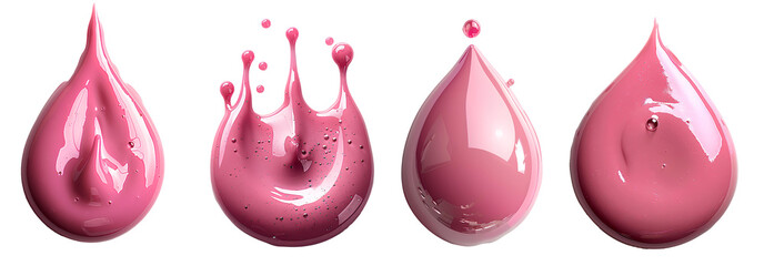 Pink paint set PNG. Drop of pink paint PNG. Pink liquid pigment splatter and explosion isolated. Pink paint drop top view PNG