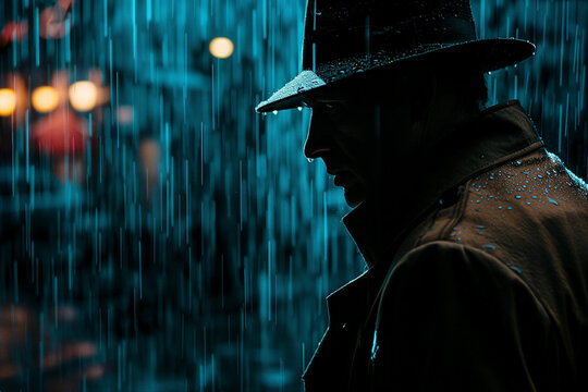 Generative AI image of mysterious man in trench coat and fedora standing under the rain at night