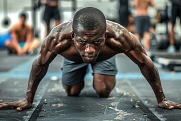 A man is doing pushups on a mat - obrazy, fototapety, plakaty