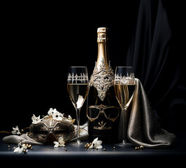 Opulent champagne celebration setup with elegant accessories and glasses, perfect for a glamorous gala or festive night