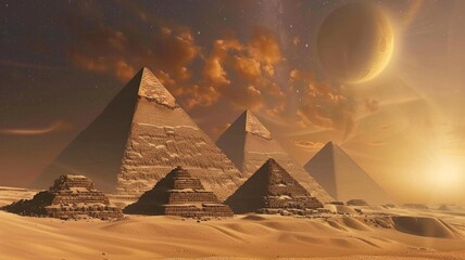 The pyramids of Egypt, with the sun setting in the background - obrazy, fototapety, plakaty