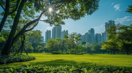 City park with lush green trees and grass field