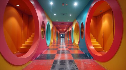 A colorful hallway with many different colored rooms - obrazy, fototapety, plakaty