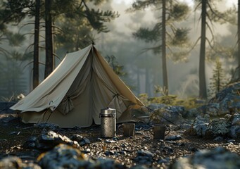 A tent is set up in the woods with a pot and cups nearby - obrazy, fototapety, plakaty