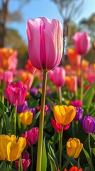 A field of flowers with a pink and yellow tulip in the foreground - obrazy, fototapety, plakaty