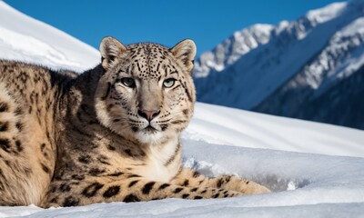 Naklejka premium snow leopard in the snow looking at the viewer
