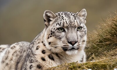 an outdoor shot of a white and black spotted snow leopard lying on a rock